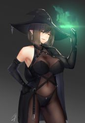 Rule 34 | 1girl, arm up, armpits, asymmetrical clothes, belt, black background, black cape, black gloves, black hat, blush, bodystocking, breasts, brown hair, cape, cleavage, covered navel, cowboy shot, earrings, elbow gloves, facial mark, fire, gloves, green fire, hand on own hip, hat, hayabusa (vert 320), highres, jewelry, large breasts, light, open belt, original, parted lips, pointy ears, short hair, signature, simple background, single bare shoulder, skin tight, smile, solo, standing, witch, witch hat, yellow eyes