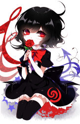 Rule 34 | 1girl, absurdres, artist name, asymmetrical wings, bad id, bad pixiv id, black dress, black hair, black thighhighs, bow, bowtie, chibi, covered mouth, cropped legs, dress, flower, flower over mouth, highres, holding, holding flower, houjuu nue, looking at viewer, petticoat, red bow, red bowtie, red eyes, red flower, red rose, rose, sheya, short hair, short sleeves, signature, simple background, solo, star (symbol), thighhighs, thighs, touhou, white background, wings, wrist cuffs, zettai ryouiki