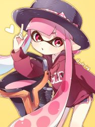 Rule 34 | 1girl, bad id, bad twitter id, black headwear, black shorts, blunt bangs, bow, clothes writing, commentary, dolphin shorts, drawstring, gym shorts, hat, hat bow, heart, holding, holding weapon, hood, hoodie, inkling, inkling (language), inkling girl, inkling player character, leaning forward, long hair, long sleeves, looking at viewer, nintendo, parted lips, pink eyes, pink hair, pointing, pointing up, pointy ears, purple shirt, sen squid, shirt, short shorts, shorts, slosher (splatoon), splatoon (series), splatoon 1, standing, tentacle hair, twitter username, weapon, yellow background