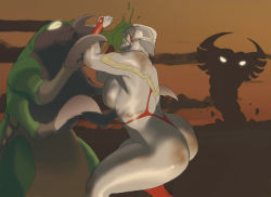 Rule 34 | 1girl, armor, ass, bikini armor, breasts, bridal gauntlets, claws, cloud, colored skin, dirty, earrings, facial mark, female focus, fight, fighting, giant, giantess, glowing, glowing eyes, gradient background, grey hair, grey skin, headpiece, helmet, highleg, highres, jewelry, large breasts, monster, mousou tokusatsu series ultramadam, nappii (nappy happy), no pupils, outdoors, parody, pincers, restrained, sky, slime, tail, thick thighs, thighs, twilight, ultra series, ultramadam, wide hips, yellow eyes