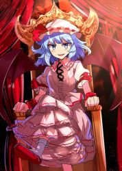 Rule 34 | &gt;:d, 1girl, :d, bat wings, blue eyes, blue hair, bow, doyagao, e.o., hat, hat bow, crossed legs, matching hair/eyes, mob cap, open mouth, red footwear, remilia scarlet, shoes, sitting, sketch, smile, smug, solo, throne, touhou, tsurime, v-shaped eyebrows, wings