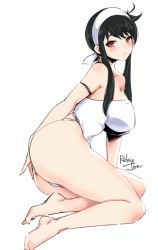 Rule 34 | 1girl, alternate costume, arm strap, artist name, bare legs, barefoot, black hair, blush, breasts, closed mouth, commentary, cowlick, female focus, full body, hairband, hand on own ass, large breasts, legs, leotard, looking at viewer, red eyes, relaxjon, short hair with long locks, sidelocks, signature, simple background, sitting, smile, solo, spy x family, strapless, strapless leotard, thighs, thong leotard, white background, white hairband, white leotard, yor briar