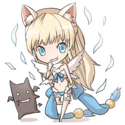 Rule 34 | 1girl, alternate color, animal ears, aura, bangle, bikini, blonde hair, blue bow, blue eyes, bow, bracelet, cat ears, chibi, commentary request, demon, deviruchi, feathered wings, full body, grin, heart, jewelry, large bow, long hair, looking at viewer, mismatched bikini, natsuya (kuttuki), ragnarok online, simple background, smile, swimsuit, v-shaped eyebrows, wanderer (ragnarok online), white background, white bikini, white wings, wings