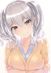 Rule 34 | 10s, 1girl, breasts, cleavage, gradient background, grey eyes, highres, inushi, kantai collection, kashima (kancolle), large breasts, looking at viewer, short hair, silver hair, smile, solo, twintails