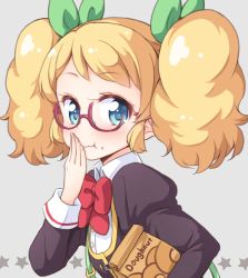 Rule 34 | 10s, 1girl, aikatsu!, aikatsu! (series), bag, blonde hair, blue eyes, bow, chewing, doughnut, eating, food, food on face, glasses, grey background, hair bow, hair ribbon, hand on own face, looking at viewer, paper bag, ribbon, saegusa kii, simple background, smile, solo, star (symbol), tokunou shoutarou, twintails