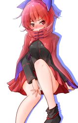 Rule 34 | 1girl, cape, commentary request, hand on own knee, highres, long sleeves, oshiaki, panties, pantyshot, pleated skirt, red eyes, red hair, red skirt, sekibanki, simple background, sitting, skirt, solo, touhou, tsurime, underwear, white background, white panties