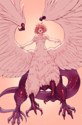 1girl blonde_hair blush body_fur breasts centauroid chimera commentary_request dragon_tail dungeon_meshi ekra falin_touden falin_touden_(chimera) feathered_wings feathers fingernails full_body highres large_breasts looking_at_viewer monster_girl multiple_legs navel open_mouth red_scales sharp_fingernails short_hair sidelocks solo tail talons taur underboob white_feathers wings yellow_eyes