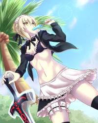 Rule 34 | 1girl, apron, artoria pendragon (all), artoria pendragon (alter swimsuit rider) (fate), artoria pendragon (alter swimsuit rider) (second ascension) (fate), artoria pendragon (fate), bikini, bikini top only, black bikini, black hoodie, black ribbon, black thighhighs, blonde hair, braid, breasts, bridal garter, choker, cowboy shot, day, dutch angle, eating, fate/grand order, fate (series), food, french braid, frilled apron, frilled bikini, frilled bikini top, frills, from below, gluteal fold, hair ribbon, highres, hikarikung, hood, hoodie, lens flare, looking to the side, maid, maid bikini, maid headdress, medium breasts, miniskirt, navel, open clothes, open hoodie, outdoors, palm tree, popsicle, ribbon, saber alter, skirt, solo, spread legs, standing, swimsuit, thighhighs, tree, unconventional maid, waist apron, yellow eyes