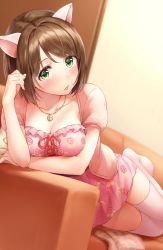 Rule 34 | 1girl, animal ears, blush, breasts, brown hair, bvucki36gzoeq1c, cat ears, cleavage, collarbone, couch, dress, floral print, green eyes, highres, idolmaster, idolmaster cinderella girls, jewelry, looking at viewer, maekawa miku, medium breasts, necklace, open mouth, parted lips, pink dress, pink thighhighs, puffy short sleeves, puffy sleeves, short hair, short sleeves, solo, swept bangs, thighhighs, thighs