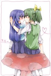 Rule 34 | 10s, 2girls, aoki reika, bad id, bad pixiv id, blue eyes, blue hair, blush, green eyes, green hair, hand in own hair, hand on another&#039;s cheek, hand on another&#039;s face, highres, imminent kiss, long hair, midorikawa nao, multiple girls, mushroom, open mouth, precure, prussian blue, school uniform, short hair, sitting, skirt, sleeves rolled up, smile precure!, yuri