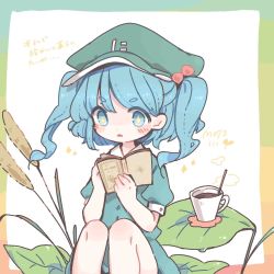 Rule 34 | + +, 1girl, artist name, blue dress, blue eyes, blue hair, blush, book, coffee, collared shirt, commentary request, dress, flat cap, green hat, hair bobbles, hair ornament, hat, holding, holding book, kawashiro nitori, m (m073111), medium hair, puffy short sleeves, puffy sleeves, reading, reeds, shirt, short sleeves, short twintails, sitting, smoke, solo, touhou, translation request, twintails, twitter username, two side up, wing collar