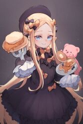 Rule 34 | 1girl, abigail williams (fate), black bow, black dress, black hat, blonde hair, blue eyes, blush, bow, breasts, dress, fate/grand order, fate (series), food, forehead, fork, hair bow, hat, highres, long hair, long sleeves, looking at viewer, miya (miyaruta), multiple hair bows, orange bow, pancake, parted bangs, plate, ribbed dress, sleeves past fingers, sleeves past wrists, small breasts, smile, solo, stuffed animal, stuffed toy, teddy bear