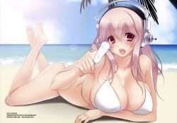 Rule 34 | 1girl, ayase hazuki, ball, bare shoulders, barefoot, beach, bikini, blush, breast hold, breasts, cleavage, cloud, feet, food, headphones, highres, ice cream, large breasts, legs, long hair, looking at viewer, lying, nitroplus, ocean, on stomach, open mouth, palm tree, pink eyes, pink hair, popsicle, sky, solo, sun, super sonico, swimsuit, the pose, thighs, toes, tree, water