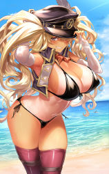 Rule 34 | 1girl, absurdres, adjusting clothes, adjusting headwear, armpits, beach, blonde hair, blue sky, blush, breasts, bridal gauntlets, brown eyes, cleavage, cropped vest, dark skin, day, elbow gloves, gloves, granblue fantasy, grin, hat, hat feather, highres, huge breasts, long hair, looking at viewer, military hat, monika weisswind, navel, ocean, open clothes, open vest, peaked cap, red thighhighs, shore, sky, smile, tan, tanline, thighhighs, thighs, twintails, ulrich (tagaragakuin), vest, wavy hair, wet, white gloves, wide hips
