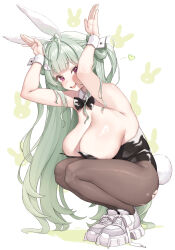 Rule 34 | 1girl, absurdres, animal ears, black bow, black bowtie, bow, bowtie, breasts, brown pantyhose, cleavage, cloba, commentary, detached collar, fake animal ears, fake tail, full body, goddess of victory: nikke, green hair, hands up, highres, large breasts, leotard, long hair, looking at viewer, mole, mole on breast, open mouth, pantyhose, pink eyes, playboy bunny, rabbit ears, rabbit tail, shoes, smile, sneakers, soda (nikke), soda (twinkling bunny) (nikke), solo, squatting, symbol-only commentary, tail, teeth, twintails, upper teeth only, very long hair, white background, white footwear, wrist cuffs