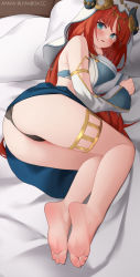Rule 34 | 1girl, absurdres, aqua eyes, ass, ayaya (ayaya ri), bare legs, bare shoulders, barefoot, black panties, blush, clothes lift, detached sleeves, fanbox username, feet, foot focus, forehead jewel, full body, genshin impact, has bad revision, has downscaled revision, highres, horns, legs, long hair, long sleeves, looking at viewer, lying, md5 mismatch, nilou (genshin impact), on bed, on side, panties, parted lips, red hair, resolution mismatch, skirt, skirt lift, soles, solo, source smaller, thighlet, toes, underwear, watermark, web address