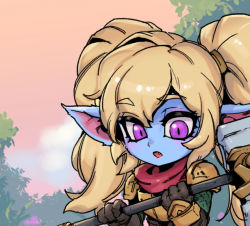 Rule 34 | 1girl, armor, black gloves, blue skin, brown sky, colored skin, day, fang, gloves, holding, holding weapon, league of legends, long hair, open mouth, outdoors, phantom ix row, pink eyes, pink scarf, pointy ears, poppy (league of legends), scarf, slit pupils, solo, tree, twintails, weapon, yordle