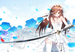 Rule 34 | 1girl, bare shoulders, blue flower, breasts, brown hair, cleavage, collarbone, commentary request, copyright request, dress, elbow gloves, flower, gloves, gun, holding, holding gun, holding sword, holding weapon, katana, long hair, medium breasts, niliu chahui, qys3, sleeveless, sleeveless dress, solo, strapless, strapless dress, sword, thighhighs, weapon, wedding dress, white dress, white gloves, white thighhighs