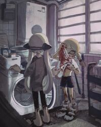 Rule 34 | 2girls, agent 3 (splatoon), agent 3 (splatoon 3), black shorts, blood, blood on clothes, blood on face, braid, dr mice, eyebrow cut, headphones, highres, indoors, inkling, inkling girl, inkling player character, long hair, multiple girls, nintendo, pointy ears, sandals, shirt, shoes, shorts, side braid, splatoon (series), splatoon 3, standing, tentacle hair, twintails, undressing, washing machine, white shirt