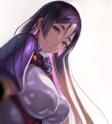Rule 34 | 1girl, blurry, blush, bodysuit, breasts, breasts day, commentary request, fate/grand order, fate (series), gradient background, large breasts, lips, long hair, looking at viewer, minamoto no raikou (fate), parted bangs, parted lips, puffy sleeves, purple bodysuit, purple eyes, purple hair, sakamuke, shiny clothes, simple background, skin tight, smile, solo, upper body