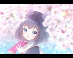 Rule 34 | 1girl, :d, animal ears, black hair, blue dress, blue eyes, blue hat, blurry, blurry background, blurry foreground, blush, book, cherry blossoms, commentary request, depth of field, dress, ears through headwear, fingernails, flower, hands up, hat, holding, holding book, letterboxed, long hair, long sleeves, looking at viewer, open mouth, original, pink flower, seta (monyun), smile, solo, upper body