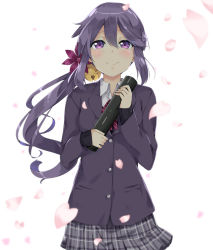 Rule 34 | 10s, 1girl, akebono (kancolle), alternate costume, bad id, bad pixiv id, bell, blazer, buttons, checkered clothes, checkered skirt, diploma, flower, graduation, hair bell, hair between eyes, hair flower, hair ornament, highres, holding, jacket, jingle bell, kantai collection, long hair, long sleeves, looking at viewer, nishimi shin, petals, purple eyes, purple hair, school uniform, side ponytail, skirt, smile, solo, uniform