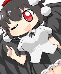 Rule 34 | 1girl, bird wings, black hair, black ribbon, black skirt, black wings, blush, breasts, collared shirt, commentary request, cookie (touhou), cowboy shot, dutch angle, feathered wings, frilled skirt, frills, hair between eyes, hat, hospital king, index finger raised, large breasts, long bangs, looking at viewer, maru (cookie), miniskirt, neck ribbon, one eye closed, open mouth, pleated skirt, pom pom (clothes), puffy short sleeves, puffy sleeves, red eyes, red hat, ribbon, shameimaru aya, shirt, short hair, short sleeves, simple background, skirt, solo, tokin hat, touhou, white background, white shirt, wings