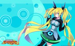 Rule 34 | 1girl, aqua background, artist request, attouteki yuugi mugen souls, black thighhighs, blonde hair, blue eyes, copyright name, dees vanguard, expressionless, holding, holding hair, long hair, skirt, solo, thighhighs, twintails