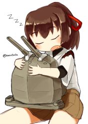 Rule 34 | 10s, 1girl, blush, brown hair, closed eyes, hair ribbon, ise (kancolle), kantai collection, nanatsuta, hugging object, open mouth, ponytail, ribbon, saliva, sitting, sleeping, solo, turret, twitter username, white background, zzz