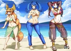 Rule 34 | 3girls, akaba ray, beach, blue angel, breasts, covering privates, covering breasts, gullveig of the nordic ascendant, jadenkaiba, large breasts, multiple girls, topless, yu-gi-oh!
