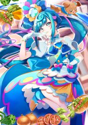 Rule 34 | 1girl, absurdres, ankle boots, back bow, bell pepper, biting, blue bow, blue dress, blue eyes, blue footwear, blue hair, boots, bow, clothing cutout, commentary, cure spicy, delicious party precure, dog, dress, earrings, food, fuwa kokone, glove biting, gloves, grey outline, hair bow, hand on own hip, high heel boots, high heels, highres, huge bow, jewelry, leg up, long hair, looking at viewer, magical girl, medium dress, multicolored hair, onion, pam-pam (precure), pepper, pink hair, precure, puffy short sleeves, puffy sleeves, rope, sandwich, short sleeves, shoulder cutout, side ponytail, solo, standing, standing on one leg, tomato, tomato slice, two-tone hair, very long hair, white gloves, yuutarou (fukiiincho)