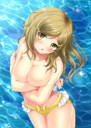 Rule 34 | 1girl, bad id, bad pixiv id, bikini, breast hold, breasts, brown eyes, brown hair, cleavage, covering privates, highres, large breasts, shinomiya himawari, solo, swimsuit, topless, toshi (1-147), vividred operation