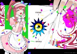 Rule 34 | 2girls, apron, blue eyes, closed eyes, confetti, cosplay, cowboy shot, crack, dress, dual persona, english text, fourth wall, hands up, hat, highres, letterboxed, long hair, looking at viewer, megido72, mesmerizer (vocaloid), multicolored eyes, multiple girls, open mouth, parody, pasta bar415, pink dress, pink hair, pink hat, pinstripe dress, pinstripe hat, pinstripe pattern, ponytail, puffy short sleeves, puffy sleeves, short dress, short sleeves, sidelocks, size difference, smile, song name, splatter, tiamat (megido72), visor cap, waist apron, waitress, white apron, wrist cuffs, yellow eyes