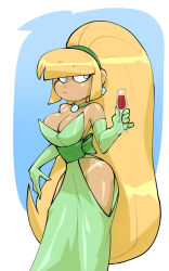 Rule 34 | 1girl, aged up, bigdad, bikini tan, blonde hair, blue background, blue eyes, blunt bangs, border, breasts, champagne flute, cleavage, cup, curvy, dress, drinking glass, elbow gloves, feet out of frame, gloves, gravity falls, green dress, green gloves, hip vent, large breasts, long hair, medium breasts, no bra, no panties, pacifica northwest, ponytail, revealing clothes, solo, tan, tanline, very long hair, white border