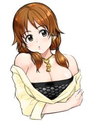 Rule 34 | 1girl, bare shoulders, black shirt, breasts, brown eyes, brown hair, cleavage, copyright request, earrings, heart, heart earrings, heart necklace, jewelry, large breasts, looking at viewer, low twintails, necklace, parted lips, shirt, simple background, solo, tachibana roku, twintails, upper body, white background