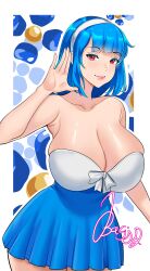 Rule 34 | 1girl, absurdres, armpits, bagjaoppay, bare shoulders, blue hair, blue skirt, blunt bangs, border, breasts, cleavage, closed mouth, curvy, erkaz, hairband, high-waist skirt, highres, huge breasts, medium hair, original, red eyes, rina atherina, skirt, smile, solo, strapless, white border, white hairband