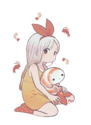 Rule 34 | 1girl, ayu (mog), bare arms, bare shoulders, blush, bow, braid, bright pupils, closed mouth, dress, from side, full body, gradient hair, grey hair, hair bow, hairband, long hair, looking at viewer, multicolored hair, original, red bow, red eyes, red hairband, shrimp, signature, simple background, sitting, solo, wariza, white background, yellow dress