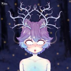 Rule 34 | :o, animal ears, blank eyes, blue hair, blurry, blurry background, cat ears, forest, horns, nature, night, open mouth, purple hair, short hair, sketch, sky, star (sky), starry sky, watermark, white eyes