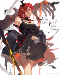 Rule 34 | 1girl, 2021, absurdres, arknights, artist name, black collar, black dress, breasts, cleavage, collar, cowboy shot, demon girl, demon horns, detached collar, dress, elite ii (arknights), happy new year, highres, horns, looking away, medium breasts, new year, powerlesssong, purple eyes, red hair, signature, simple background, sleeveless, sleeveless dress, solo, spaghetti strap, surtr (arknights), sword, weapon, weibo logo, weibo watermark, white background