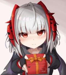 Rule 34 | 1girl, antennae, arknights, artist name, black jacket, blunt bangs, blush, box, commentary, english commentary, fingerless gloves, gift, gift box, gloves, highres, holding, holding gift, horns, incoming gift, jacket, long sleeves, looking at viewer, open clothes, open jacket, red eyes, ribbon, shirt, short hair, silver hair, simple background, solo, w (arknights), white shirt, yuu azma