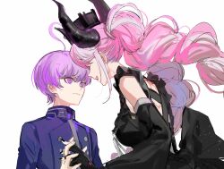 Rule 34 | 1boy, 1girl, absurdres, ahoge, binxngchng1, black dress, black gloves, black horns, black nails, blue jacket, braid, closed eyes, closed mouth, crown, demon horns, detached sleeves, dress, fingerless gloves, gloves, highres, holding hands, horns, jacket, looking at another, master detective archives: rain code, multicolored hair, nail polish, open mouth, pink hair, purple eyes, purple hair, shinigami (rain code), short hair, simple background, smile, twin braids, upper body, white background, yuma kokohead