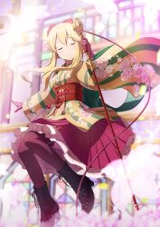 Rule 34 | 1girl, absurdres, ankle boots, aropotto, black footwear, blonde hair, blurry, blurry background, blurry foreground, blush, boots, bow, breasts, clarice (idolmaster), closed eyes, closed mouth, confetti, dot nose, floral print kimono, full body, gloves, hair bow, hair ribbon, highres, holding, holding microphone, idolmaster, idolmaster cinderella girls, idolmaster cinderella girls starlight stage, japanese clothes, kimono, kimono skirt, knees up, light particles, long hair, long sleeves, medium breasts, microphone, obi, obiage, obijime, pantyhose, pink gloves, pleated skirt, purple pantyhose, purple skirt, red ribbon, ribbon, sash, sidelocks, skirt, smile, solo, sparkle, stage, wide sleeves, yellow kimono