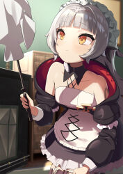 Rule 34 | 1girl, :&lt;, absurdres, alternate costume, apron, azur lane, black bow, black dress, black thighhighs, blunt bangs, bow, chun koro, closed mouth, cross, dress, duster, enmaided, feather duster, frilled dress, frills, grey hair, hair bow, headpiece, highres, holding, holding duster, iron cross, kneeling, long hair, maid, maid apron, maid headdress, official alternate costume, solo, thighhighs, very long hair, white apron, white bow, yellow eyes, z46 (azur lane), z46 (chronicles of the dust wars) (azur lane)