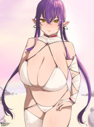 Rule 34 | 1girl, blush, boca, breasts, cleavage, detached sleeves, elf, hair between eyes, hands on own hips, highres, huge breasts, long hair, looking at viewer, original, pointy ears, purple hair, single thighhigh, solo, sweatdrop, thighhighs, twintails, white thighhighs, yellow eyes