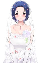 Rule 34 | 1girl, absurdres, ahoge, bad id, bad twitter id, bare shoulders, blue hair, blush, breasts, bridal gauntlets, bridal veil, bride, commentary request, dark blue hair, dress, forehead, gloves, highres, hitodama (madatohi), idolmaster, idolmaster (classic), idolmaster million live!, large breasts, light smile, looking at viewer, miura azusa, necktie, own hands together, petals, short hair, simple background, sleeveless, sleeveless dress, solo, upper body, veil, wedding dress, white background, white dress, white gloves