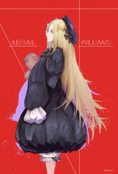Rule 34 | 1girl, abigail williams (fate), black bow, black dress, black hat, blonde hair, bloomers, blue eyes, bow, bug, butterfly, character name, commentary request, cowboy shot, dress, fate/grand order, fate (series), hair bow, hands in opposite sleeves, hat, highres, hugging object, insect, long hair, long sleeves, looking at viewer, looking to the side, marumoru, orange bow, parted bangs, polka dot, polka dot bow, profile, red background, simple background, solo, stuffed animal, stuffed toy, teddy bear, twitter username, underwear, very long hair, white bloomers