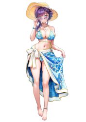 1girl bikini blue_eyes blush breasts earrings full_body hat highres jewelry large_breasts long_hair looking_at_viewer navel necklace original print_bikini print_sarong purple_hair sarong simple_background smile solo sun_hat sunglasses swimsuit tinted_eyewear v-mag white_background