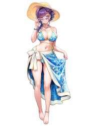 Rule 34 | 1girl, bikini, blue eyes, blush, breasts, earrings, full body, hat, highres, jewelry, large breasts, long hair, looking at viewer, navel, necklace, original, print bikini, print sarong, purple hair, sarong, simple background, smile, solo, sun hat, sunglasses, swimsuit, tinted eyewear, v-mag, white background