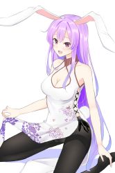 Rule 34 | 1girl, alternate costume, animal ears, bare shoulders, black pantyhose, blush, breasts, cameltoe, china dress, chinese clothes, cleavage, cleavage cutout, clothes lift, clothing cutout, dress, floral print, highres, light purple hair, long hair, looking at viewer, medium breasts, open mouth, pantyhose, pelvic curtain, pelvic curtain lift, purple hair, rabbit ears, rabbit girl, rabbit tail, red eyes, reisen udongein inaba, side-tie dress, side slit, simple background, sitting, sleeveless, sleeveless dress, smile, solo, tail, thighband pantyhose, touhou, very long hair, wariza, white background, white dress, xialuluo (sharuro)