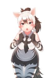 Rule 34 | 1girl, aardwolf (kemono friends), aardwolf print, absurdres, akuma (st.takuma), animal ears, animal print, bare shoulders, black necktie, black shorts, breast pocket, brown hair, clenched hands, collared shirt, cowboy shot, cutoffs, elbow gloves, extra ears, gloves, grey eyes, hair between eyes, hands up, high ponytail, highres, kemono friends, leaning forward, long hair, looking at viewer, multicolored hair, necktie, open mouth, pantyhose, pantyhose under shorts, pocket, ponytail, print gloves, print pantyhose, print shirt, shirt, shorts, silver hair, simple background, sleeveless, sleeveless shirt, solo, tail, thigh gap, two-tone hair, white background, wing collar